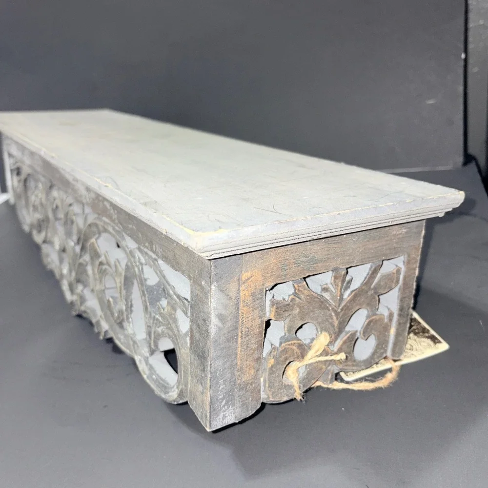 Handcrafted Indian Wood Wall Shelf Ornate Carved Scrollwork Distressed Grey 24in